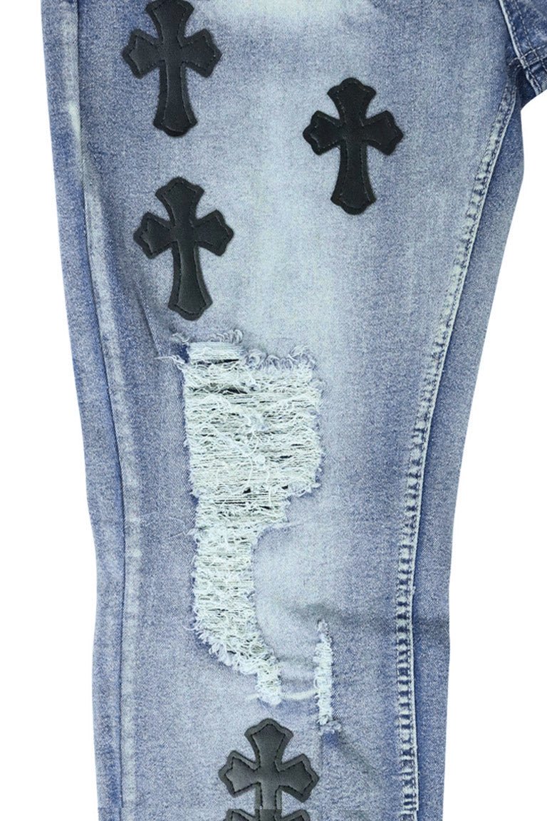 Crossed Patched Denim (Blue Wash)