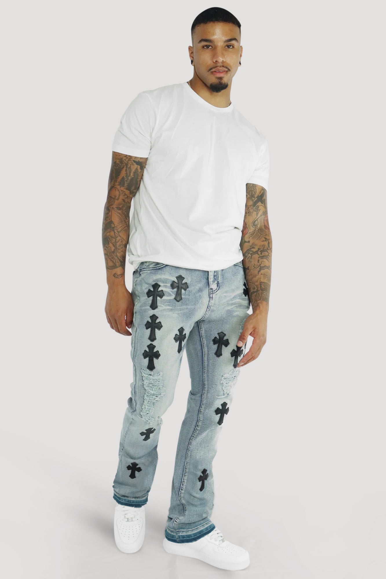 Crossed Patched Super Stacked Denim (Blue Wash)