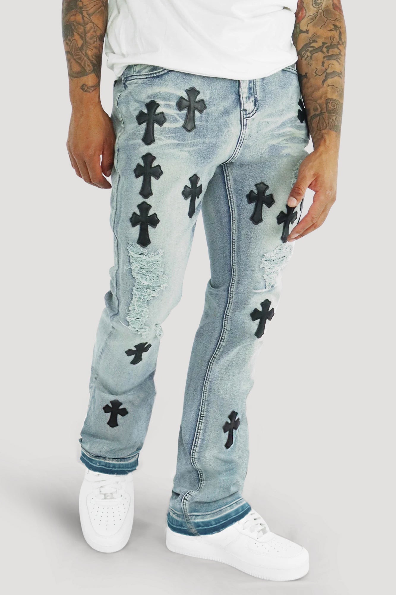 Crossed Patched Super Stacked Denim (Blue Wash)