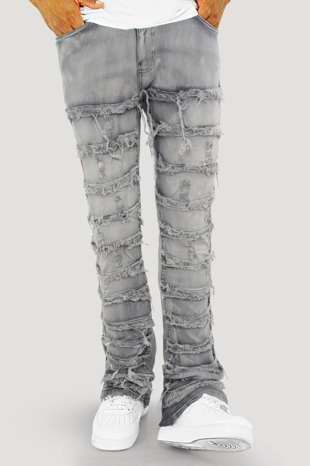 Distressed Layered Stacked Denim (Grey) (S3016)
