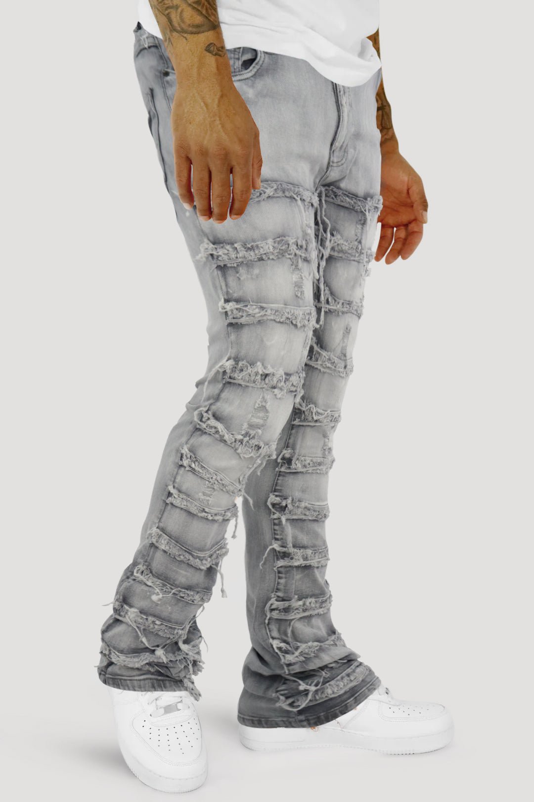 Distressed Layered Stacked Denim (Grey) (S3016)