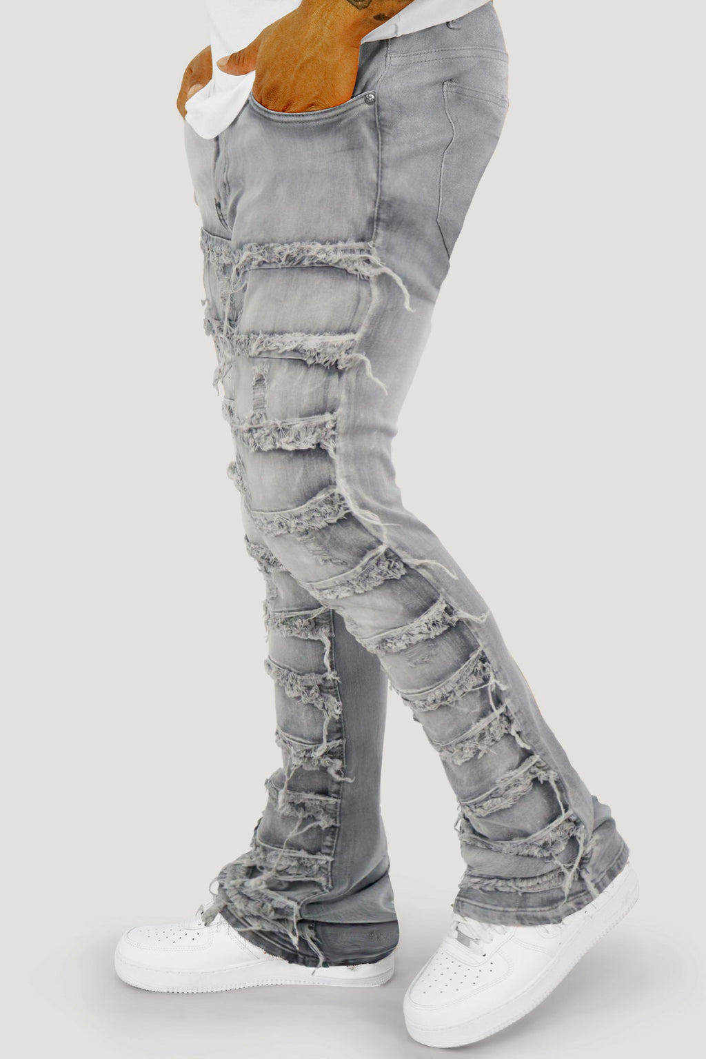Distressed Layered Stacked Denim (Grey) (S3016)