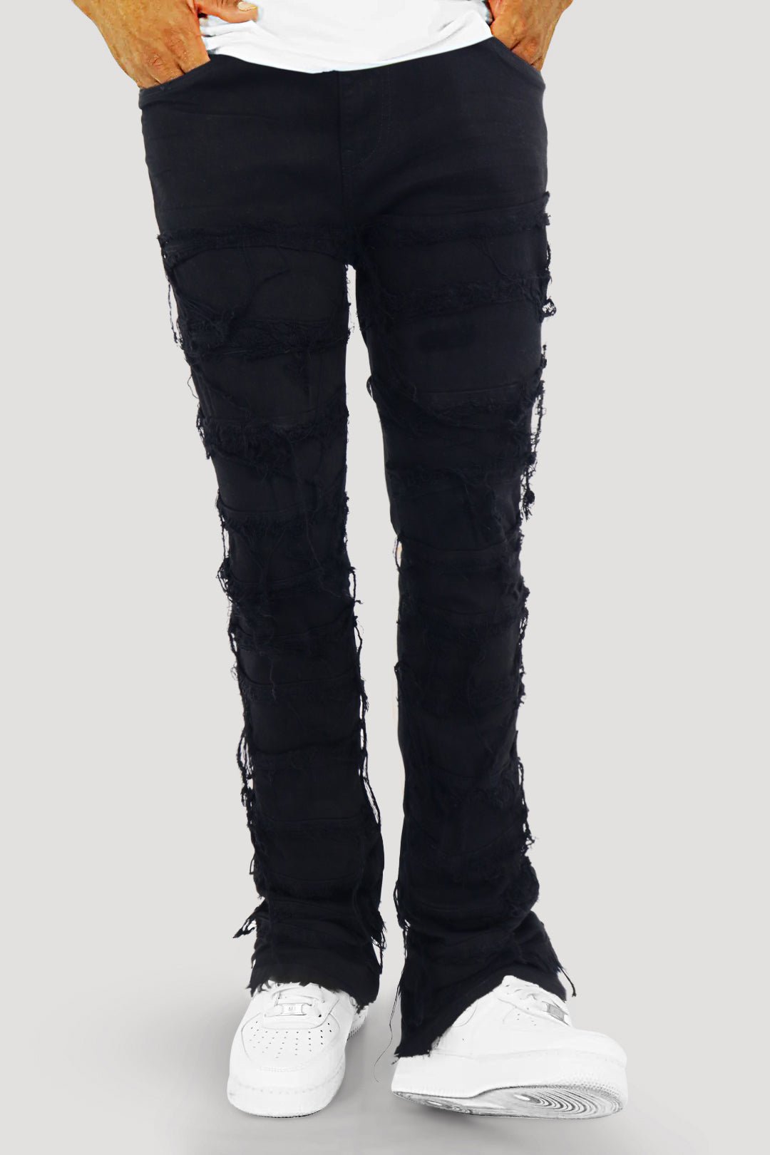 Distressed Layered Stacked Denim (Jet Black) (S3016)