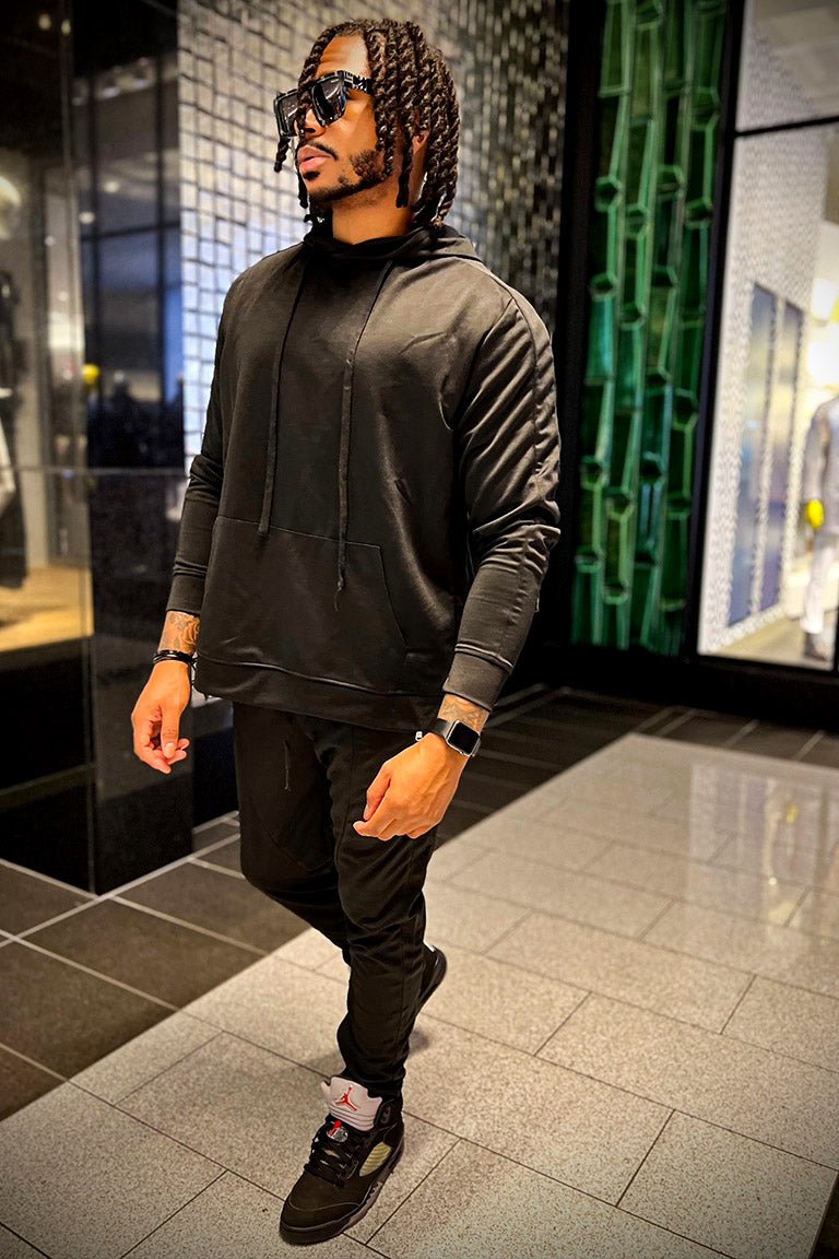 Premium Side Stripe Zip Pocket Track Pants (Black - Black)