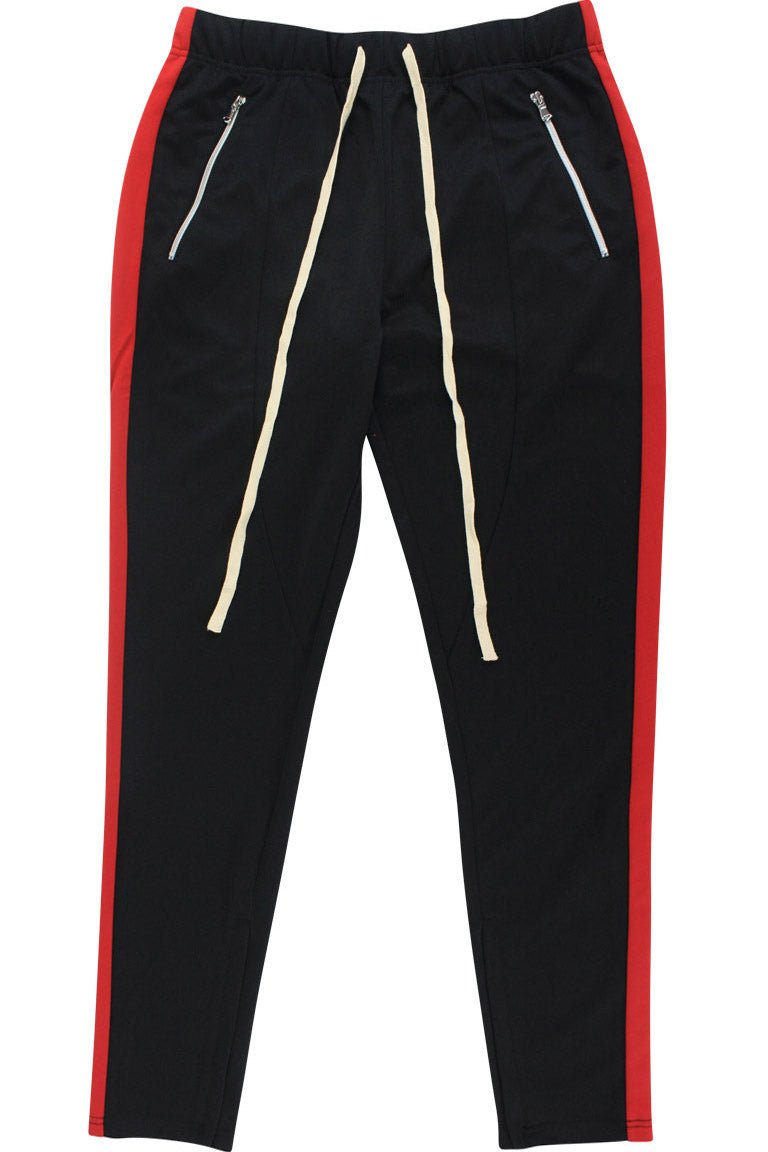 Premium Side Stripe Zip Pocket Track Pants (Black - Red)