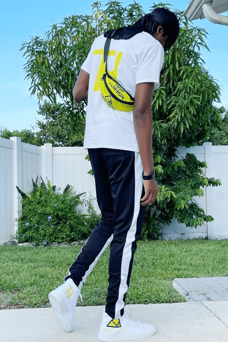 Premium Side Stripe Zip Pocket Track Pants (Black - White)