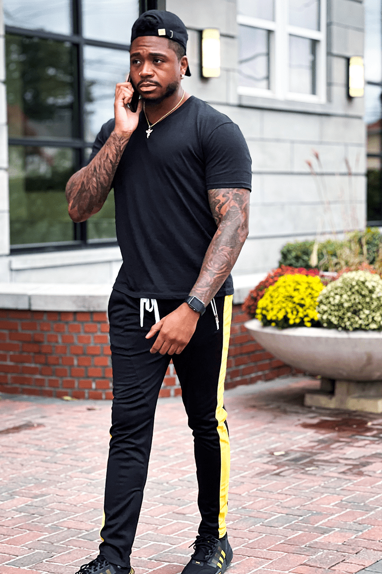 Premium Side Stripe Zip Pocket Track Pants (Black - Yellow)
