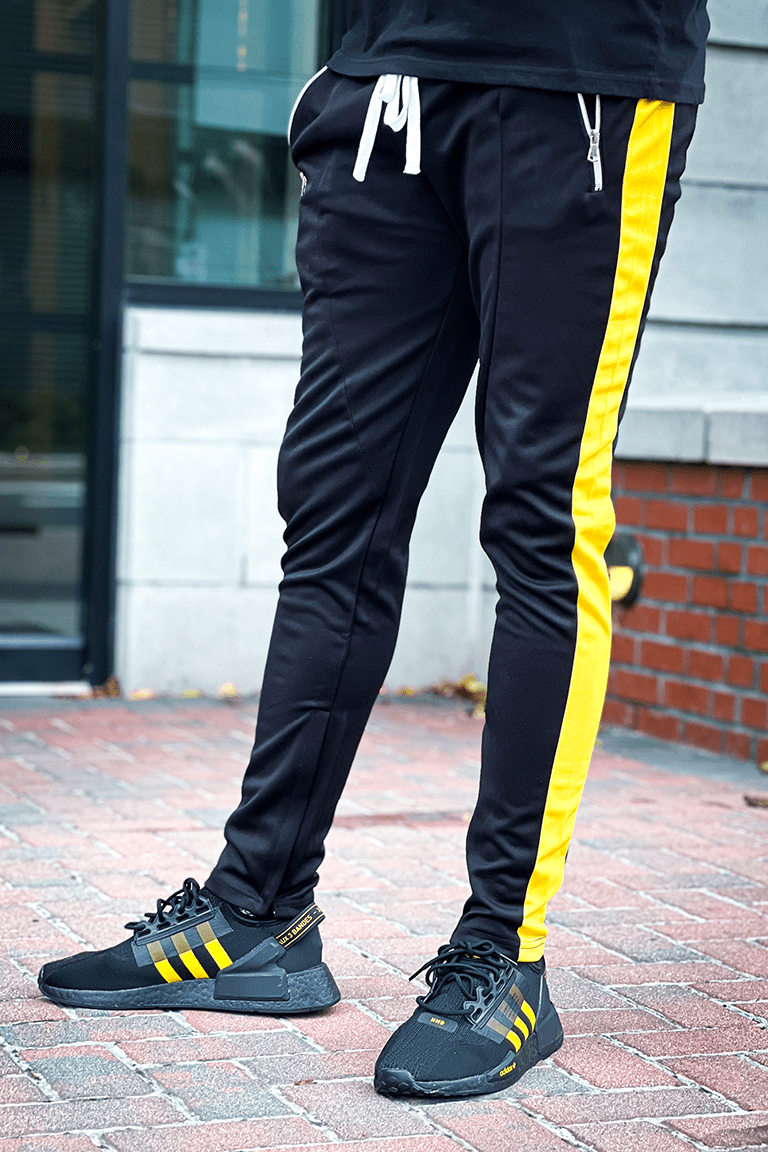 Premium Side Stripe Zip Pocket Track Pants (Black - Yellow)