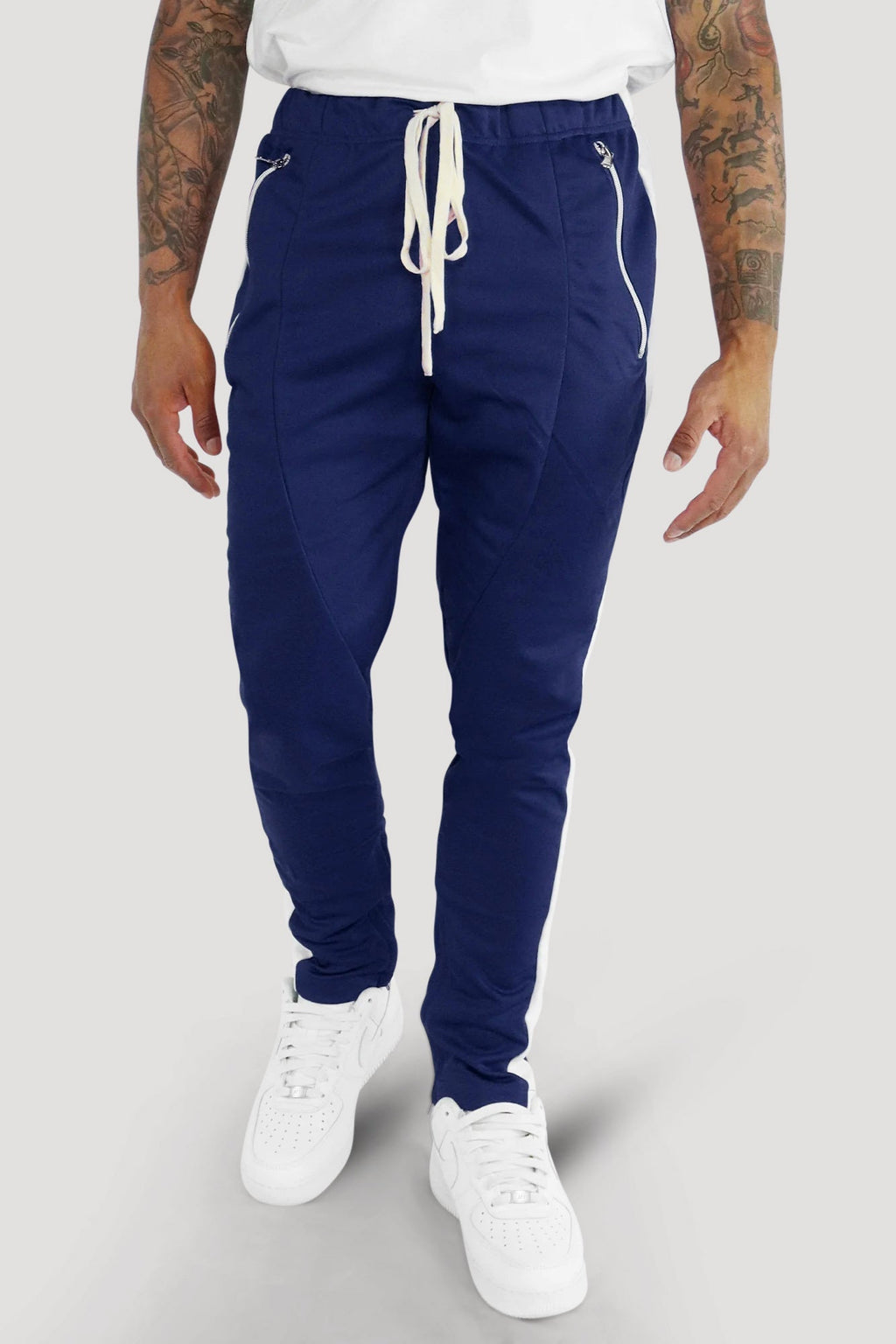 Premium Side Stripe Zip Pocket Track Pants (Navy-White)