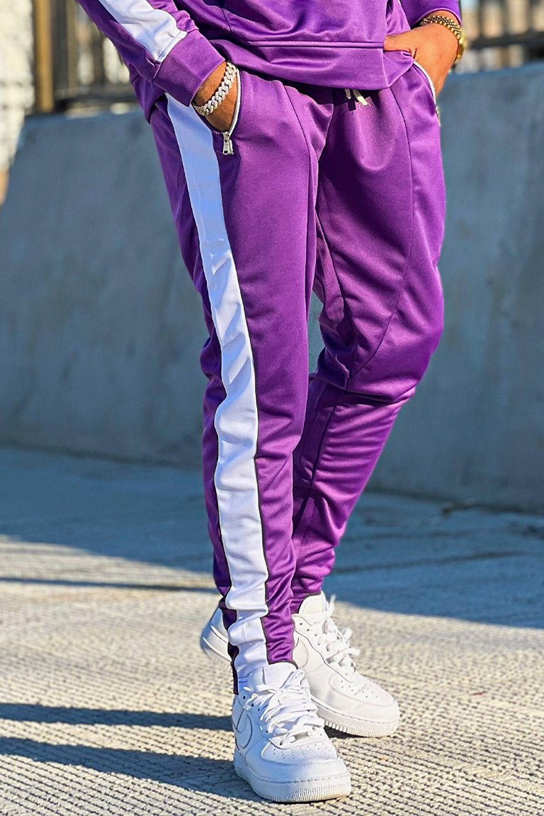 Premium Side Stripe Zip Pocket Track Pants (Purple - White)