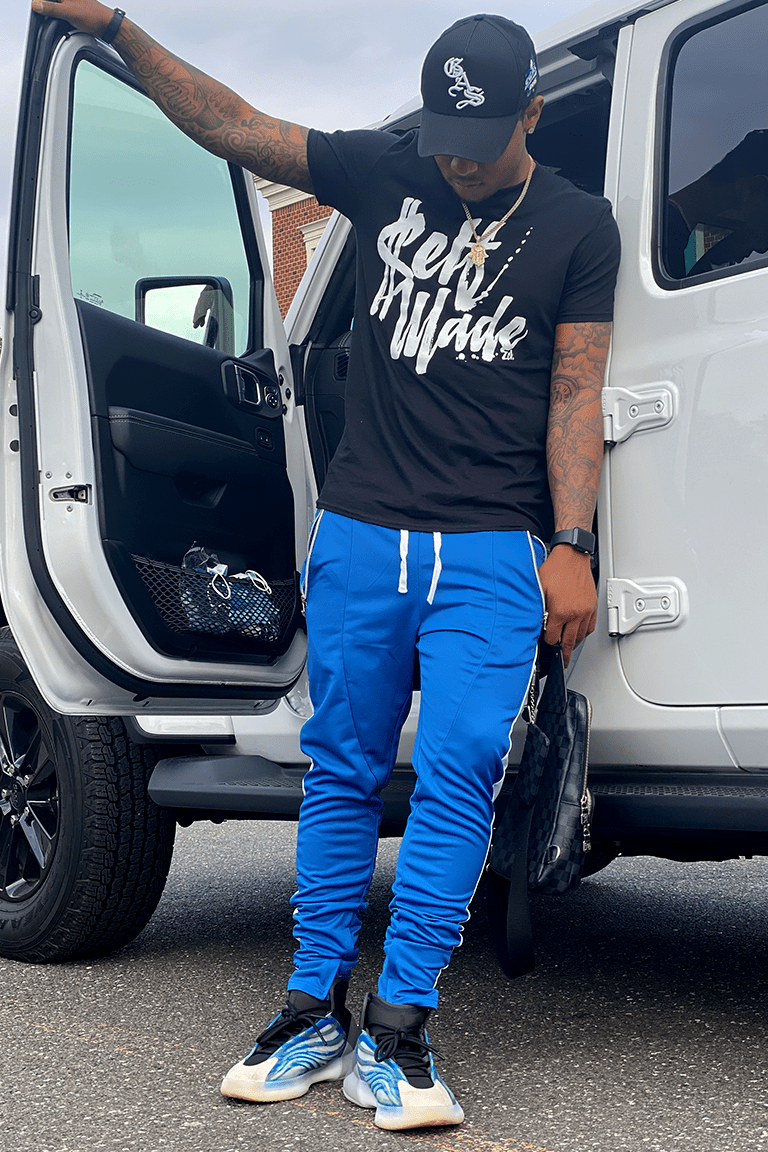 Premium Side Stripe Zip Pocket Track Pants (Royal Blue - White)