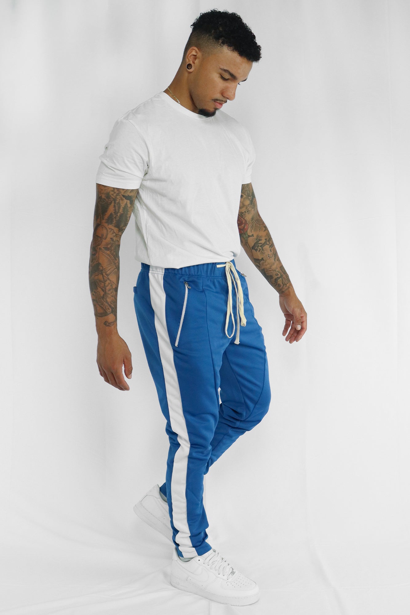 Premium Side Stripe Zip Pocket Track Pants (Royal Blue - White)